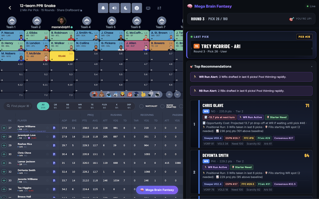 Mega Brain Fantasy Live Draft Companion Preview